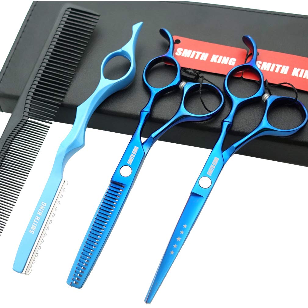 6.0 Inches Professional hair cutting thinning scissors set with razor (Blue)