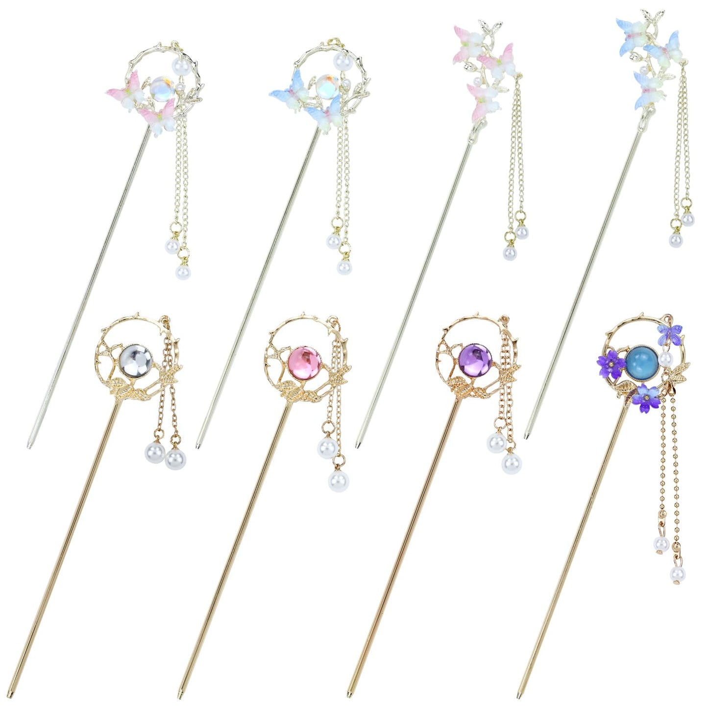 inSowni 8 Pieces Retro Asian Chinese Traditional Hanfu Butterfly Flower Metal Hair Sticks with Pearl Pendants Long Hair Pins Forks Chopsticks Bun Updo Holders for Women Girls