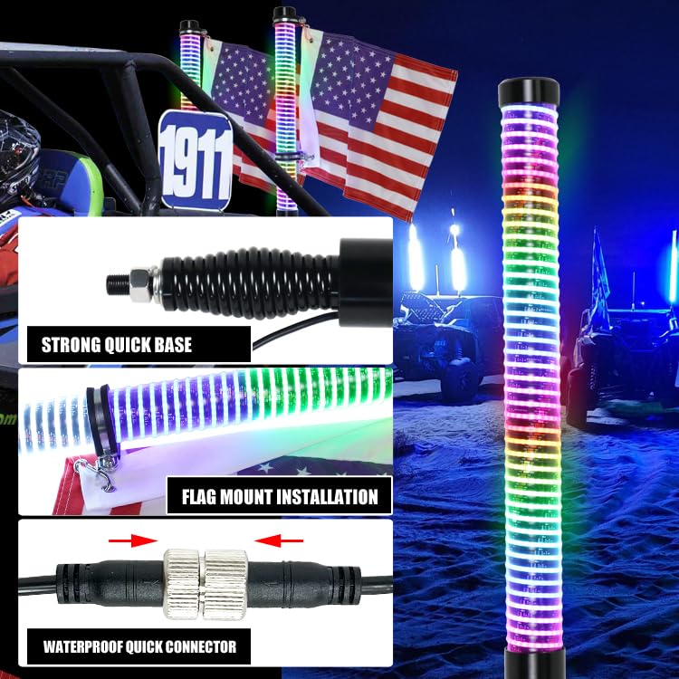 JXOFROAD 2PC COB Fat Whip Lights with Reverse &Turning & Brake light ,Remote & App Smart Control,Spiral RGB Chasing LED for Polaris RZR, Can-Am Maverick X3, Universal Fit for SXS, UTV, ATV, Boat (2FT)