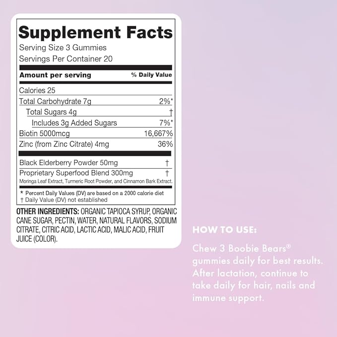 Boobie Bears Lactation Support Gummies | Helps As Milk Supply Booster & Supports Immune Health & Hair Growth | Breastfeeding Supplements with Zinc & Elderberry for Milk Supply Increase, 120 Count
