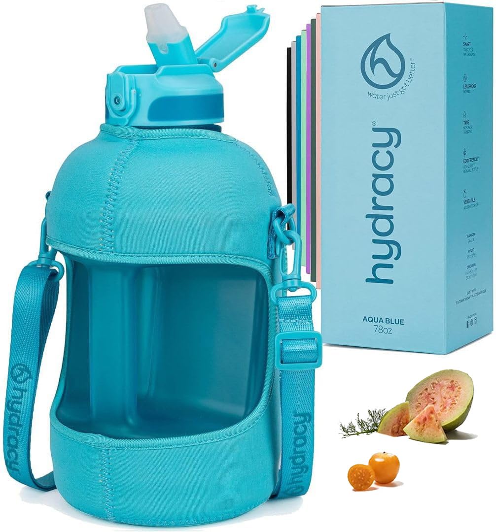 Hydracy Water Bottle with Storage Sleeve and Straw- Large Half Gallon 78 Oz BPA Free Motivational Water Bottle with Time Marker -Leak Proof Gym Bottle -Ideal Gift for Fitness or Sports & Outdoors