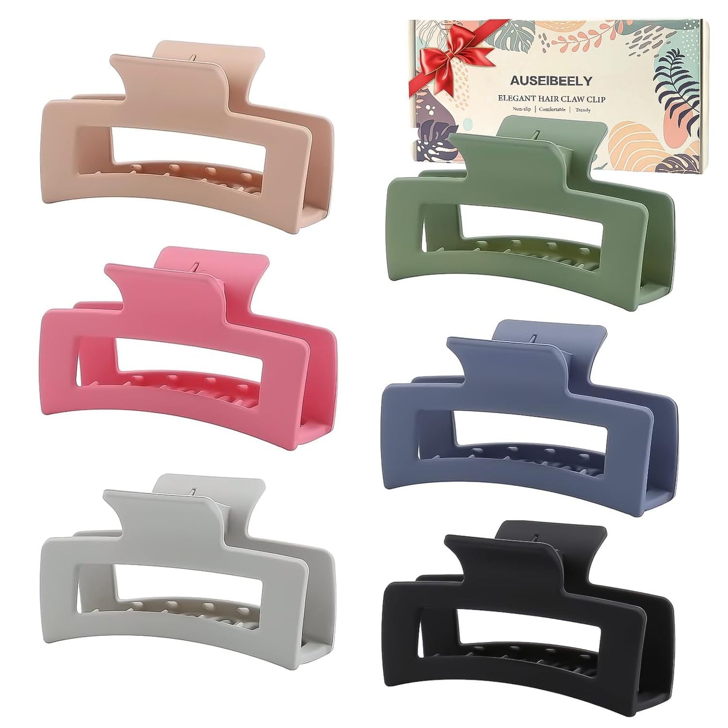 6 Pack Square Claw Clips for Women Girls, 3.5" Medium Non-slip Rectangular Matte Claws Strong Jumbo Hair Styling Accessories for Thin Hair