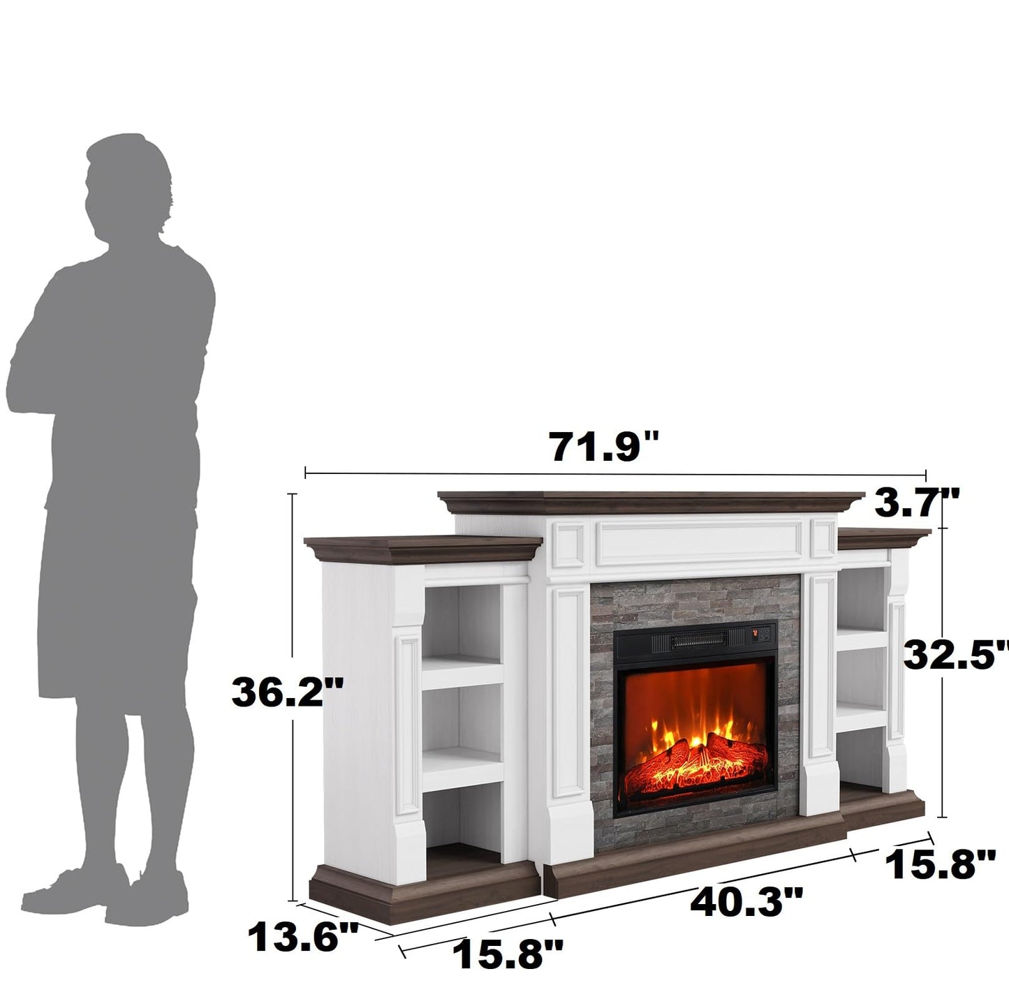 Naice 72" Electric Fireplace with Mantel and Cabinets, LED Light Fireplace TV Stand for TVs up to 80", 3D Realistic Flame Heater with Stacked Stone Surround for Living Room