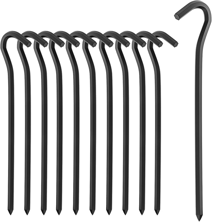 10Pcs Metal Tent Pegs with Hooks. 7 inches Durable Garden Stake Ground Anchors Awning Metal Hooks. Heavy Duty, Waterproof & rustproof. Ideal for Camping, Yard Decor, Picnic & tarp(Black)