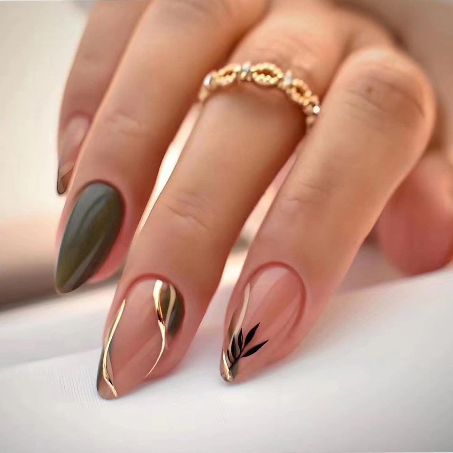 Green Press on Nails Short Almond Fake Nails with Designs Leaf False Nails Press ons Gold Swirl Glue on Nails Glossy Full Cover Acrylic Nail Artificial Cute Stick on Nails Manicure for Women 24Pcs