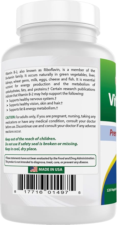 Best Naturals Vitamin B2 (Riboflavin) 400mg - Migraine Relief - Veggie Capsules - Conezyme Precursor - 120 Count (120 Count (Pack of 2))