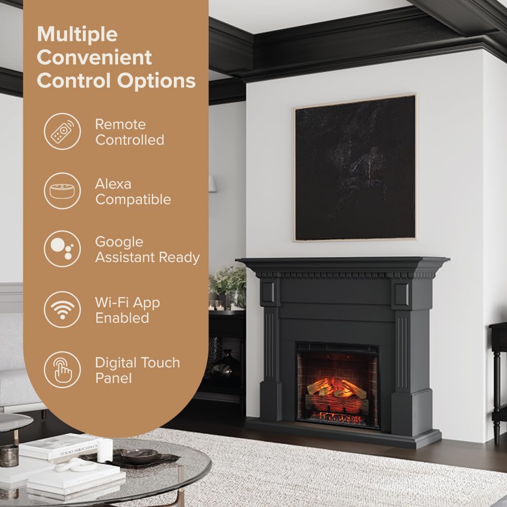 Modern Ember Augustine Black Mantel Package 55" W x 48" H with 28 Inch Electric Fireplace Insert - 1,000 Sq Ft Heater 4 Flame Colors, Ember Bed Included | Alexa/WiFi Enabled