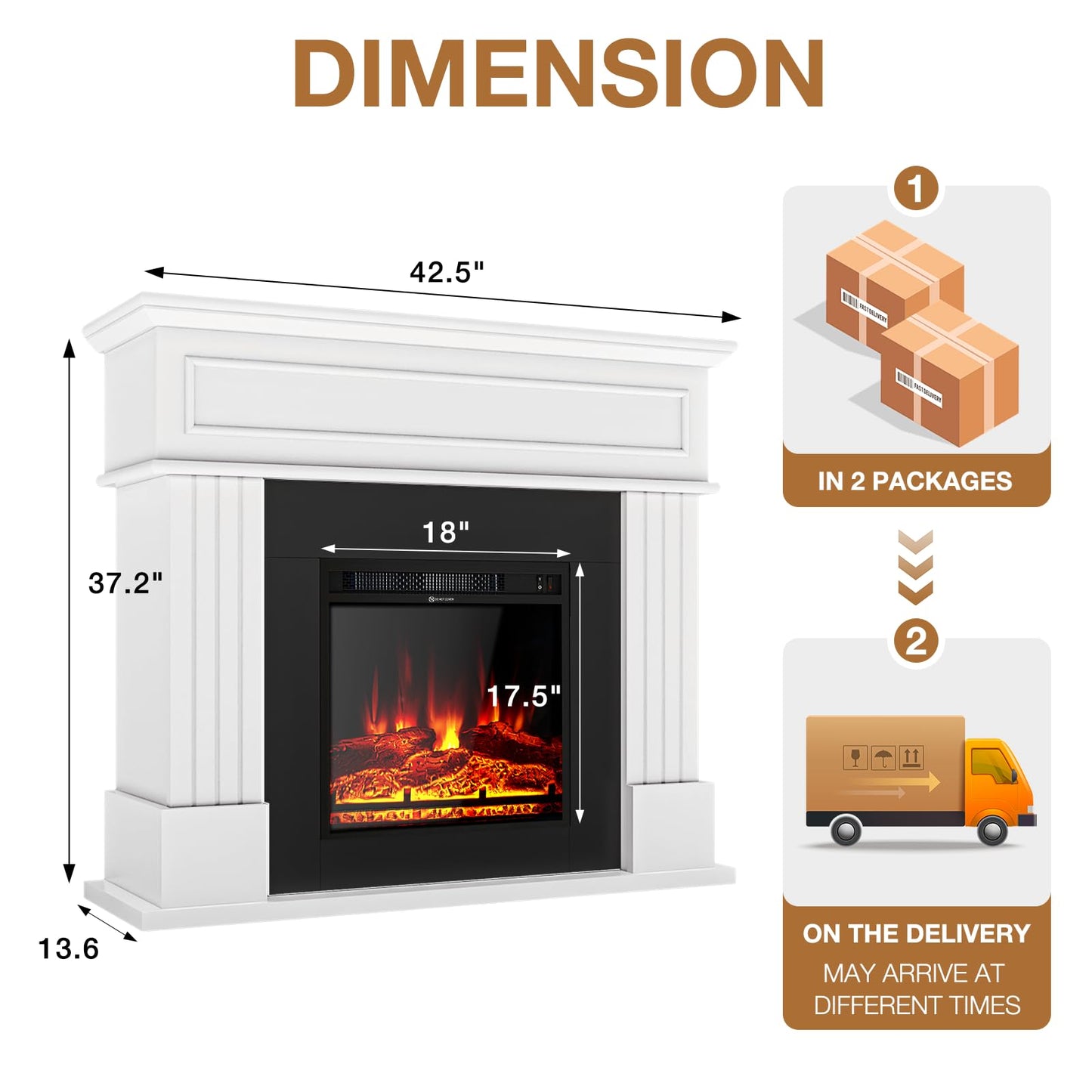 oneinmil Electric Fireplace with Mantel, Fireplace TV Stand with 18’’ Electric Fireplace Heater, 3D Realistic Flame, Freestanding Fireplace for Living Room, Bedroom, White