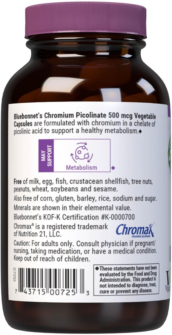 BlueBonnet Nutrition Chromium Picolinate, Soy, Gluten & Dairy Free, Non-GMO, Kosher Certified, Vegan, 500 mcg, 100 Count