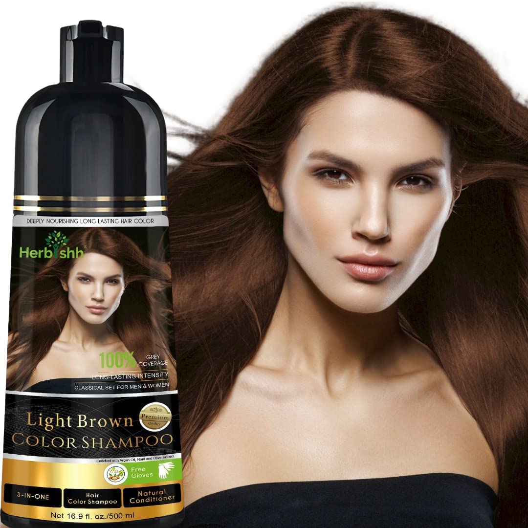 Herbishh 3-In-1 Magic Hair Dye Shampoo for Gray Hair - Light Brown, 500 Ml, Ammonia-Free, Long Lasting, Colors Hair in Minutes,Unisex