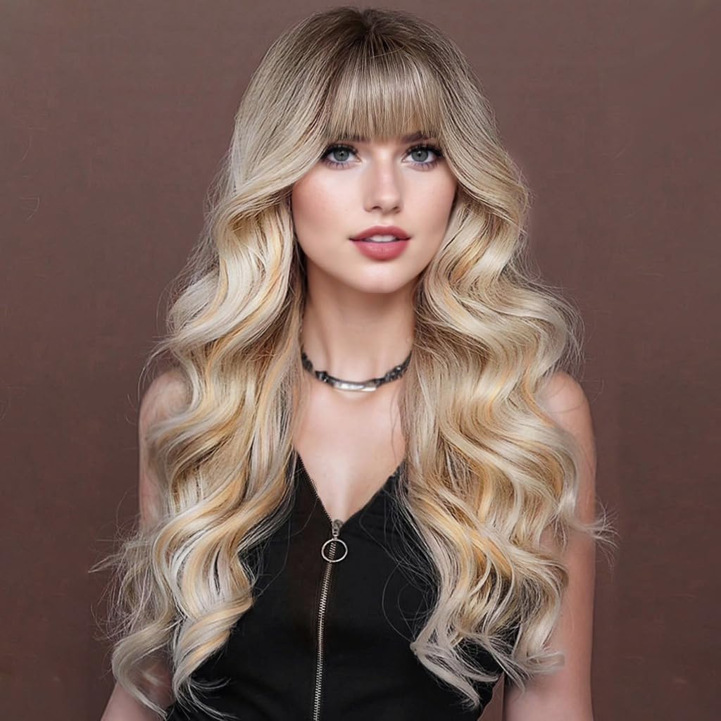 Lativ Ombre Blonde Wig With Bangs Long Wavy Curly Blonde Wig with Dark Roots Heat Resistant Synthetic Wigs for Women Daily Use 26 Inches