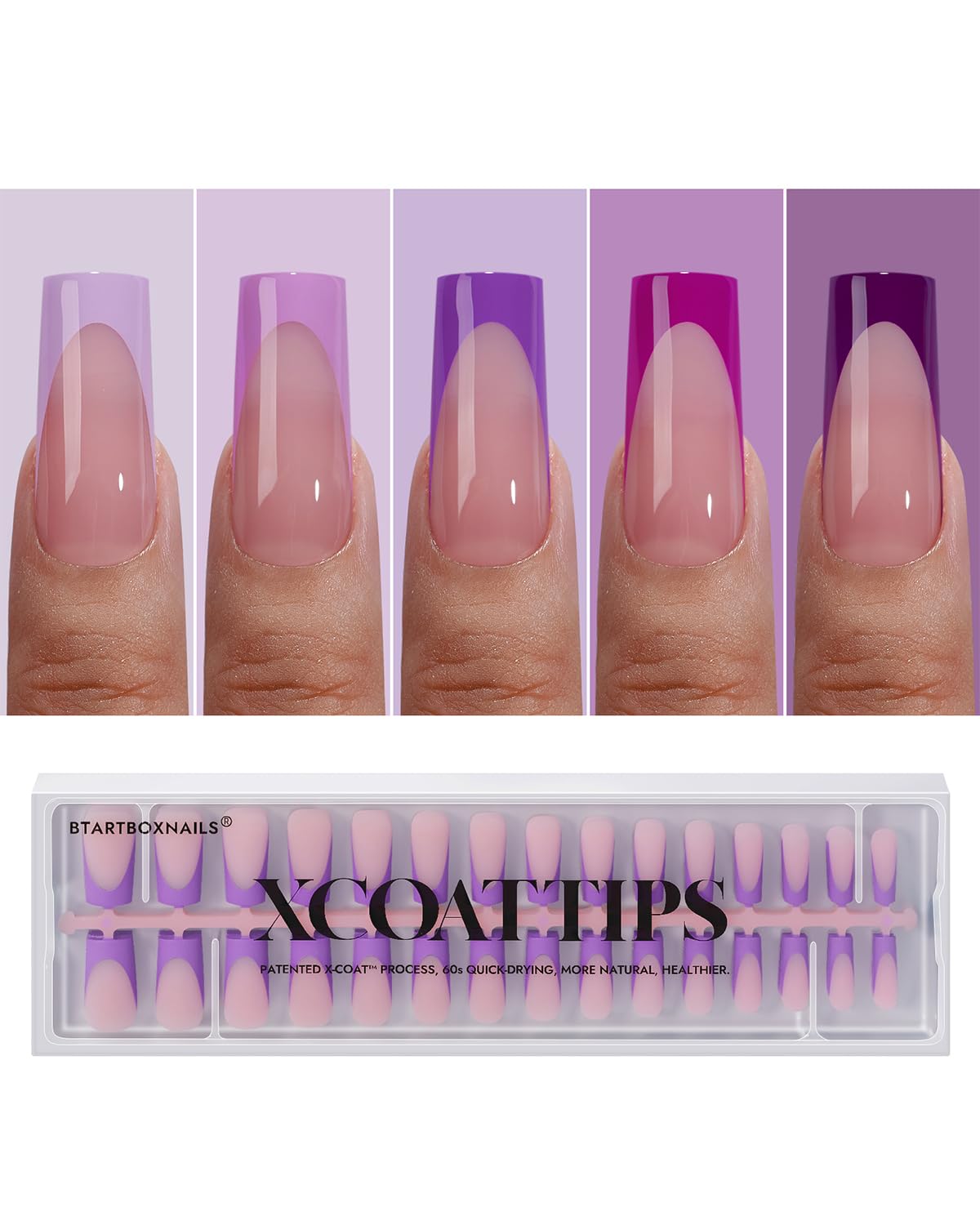 BTArtboxnails XCOATTIPS Purple French Tip Press On Nails - Long Press On Nails Square, Soft Gel Nail Tips, 150Pcs Soak Off Acrylic Pink Fake Nail Extension in 15 Sizes