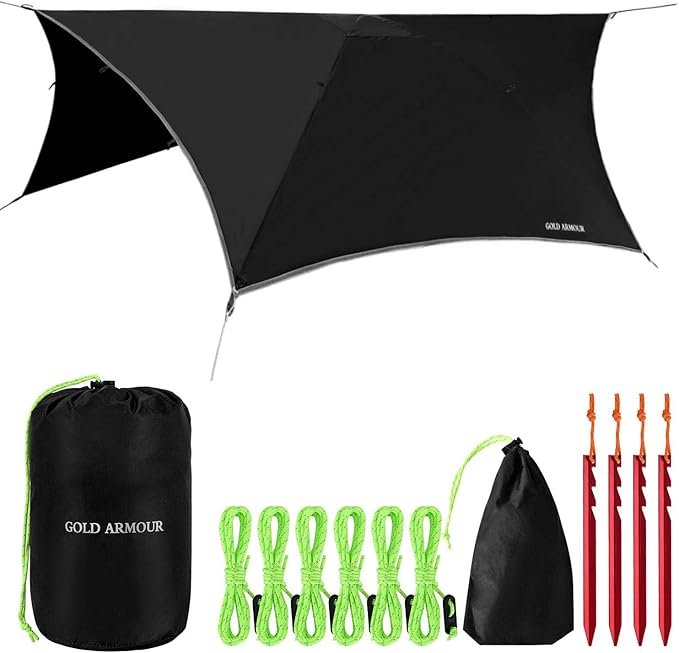 Gold Armour Rainfly Tarp for Hammock and for Tent, Camping Essentials Rain Fly Cover, Waterproof Lightweight Camping Accessories, Survival Camping Gear Camping Tent Accessories (Black)
