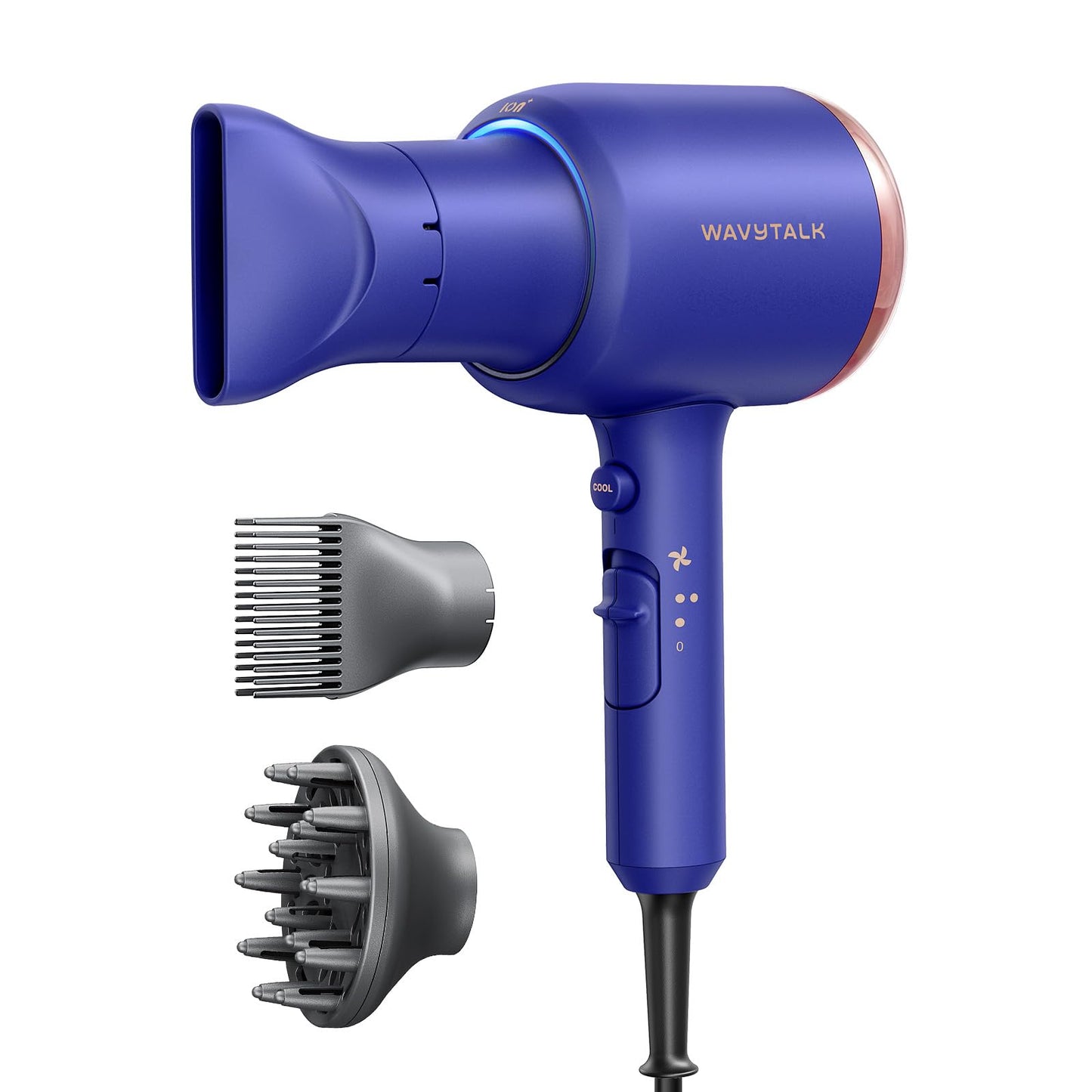 Wavytalk Hair Dryer with Diffuser, Blown Away Ionic Hair Dryer for Curly Hair, 1875W Fast Drying Blow Dryer with Ceramic Technology, 3 Attachments for All Hair Types, Light and Quiet, Sapphire Blue