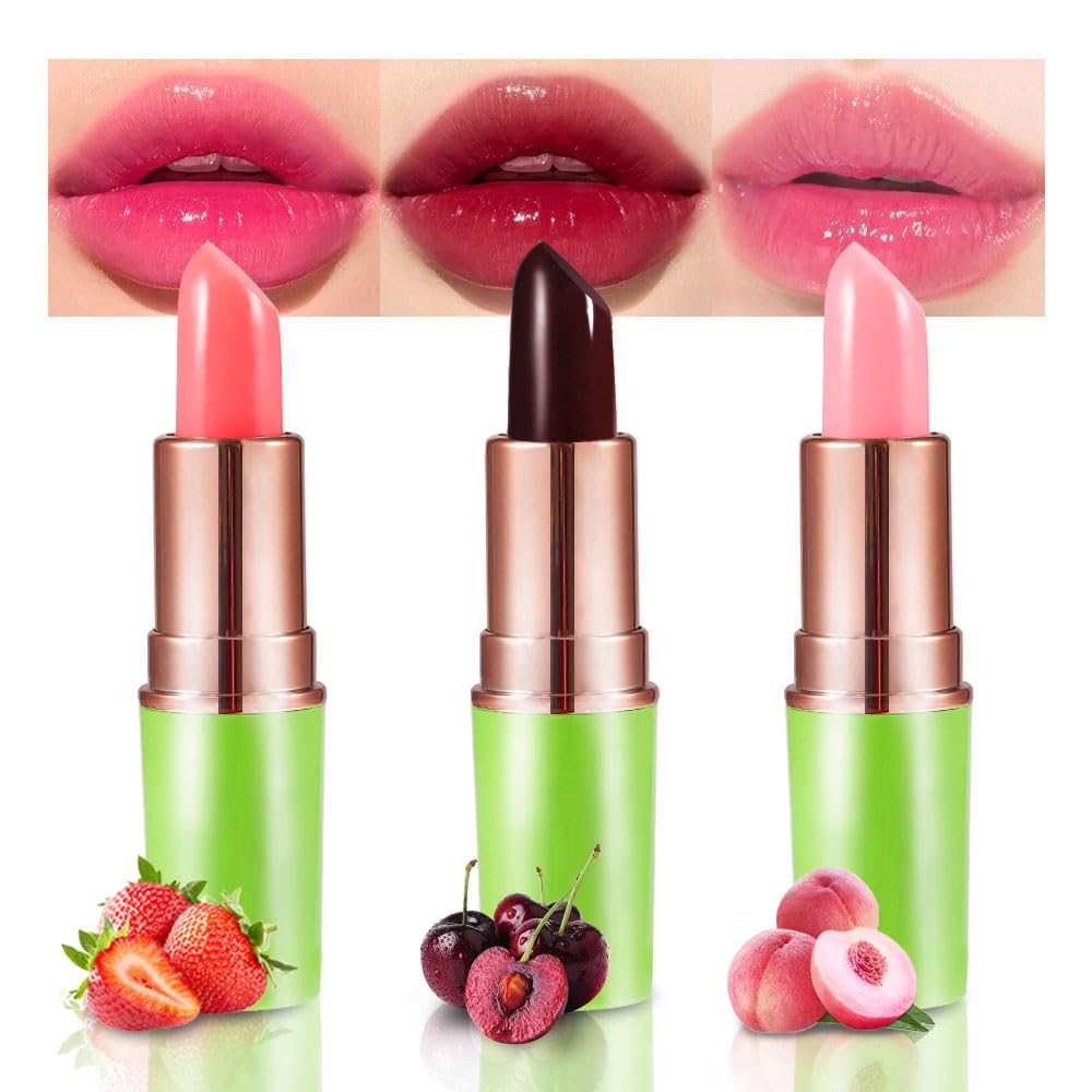 Bingbrush Aloe Vera Color Changing Lipstick,Moisturizer Long Lasting Lip Care Magic Lip Gloss,Makeup Lipstick Set (3Pcs Strawber