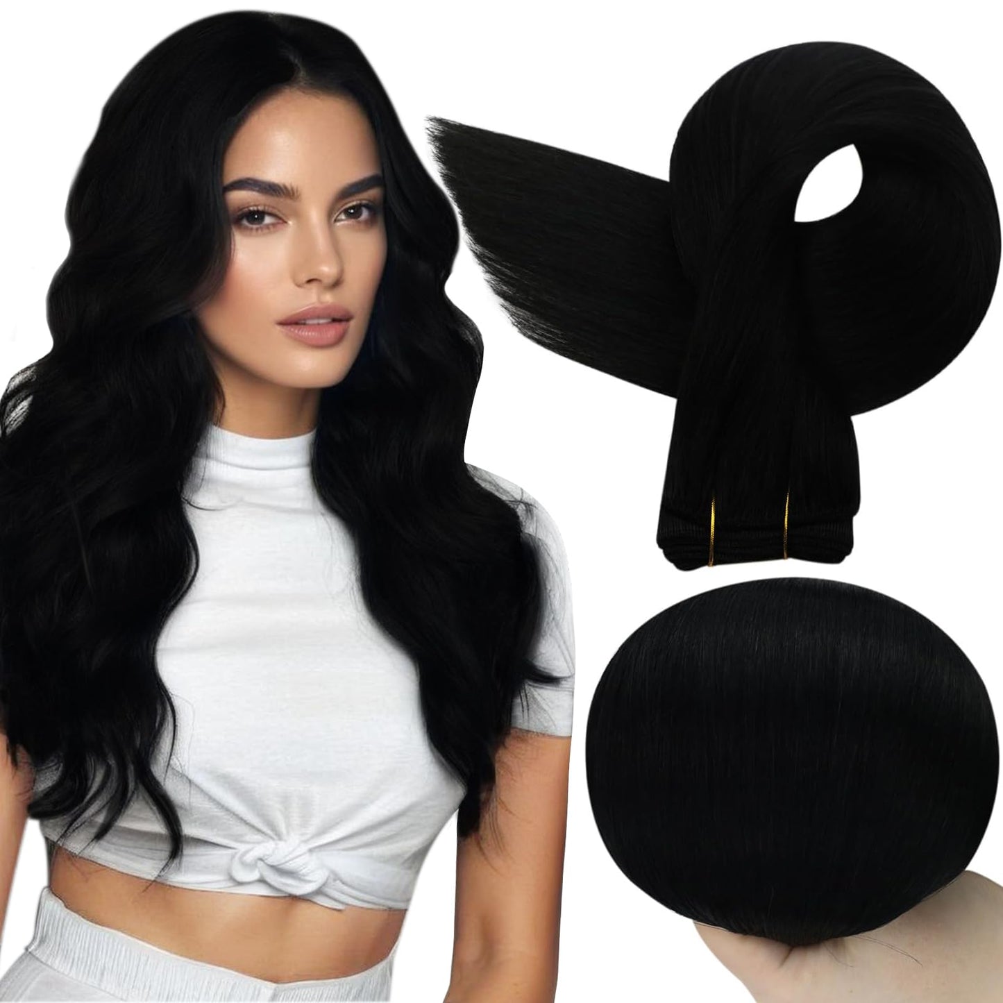 Full Shine Black Hair Extensions Real Human Hair Sew In Bundles 20 Inch Weft Hair Extensions Human Hair Black Straight Human Hair Bundles Double Weft Real Human Hair Extensions For Black Women 105G