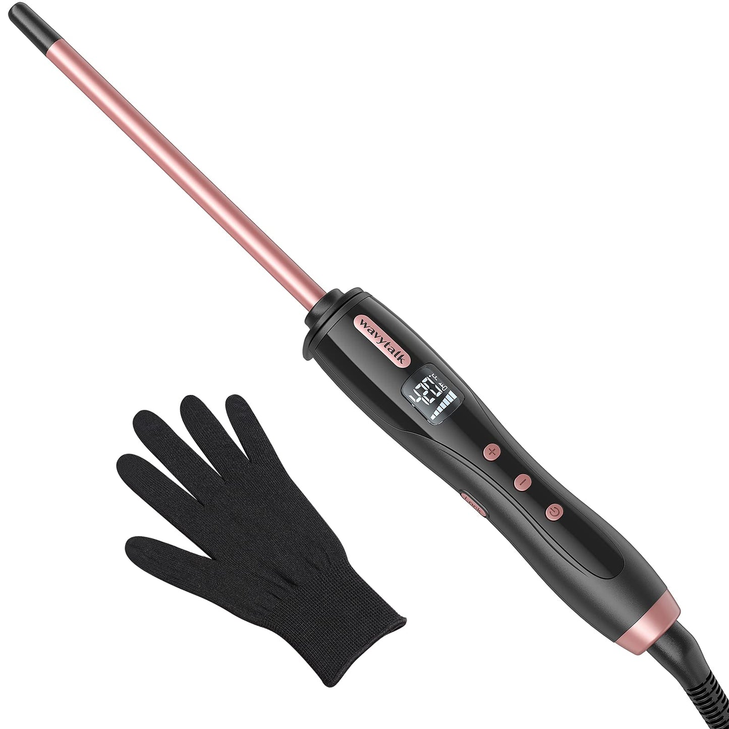 Wavytalk 3/8 Inch Small Curling Iron Wand for Short & Long Hair, Ceramic Barrel With Adjustable Temperature, Heat Resistant Glove Included (Rose Pink)