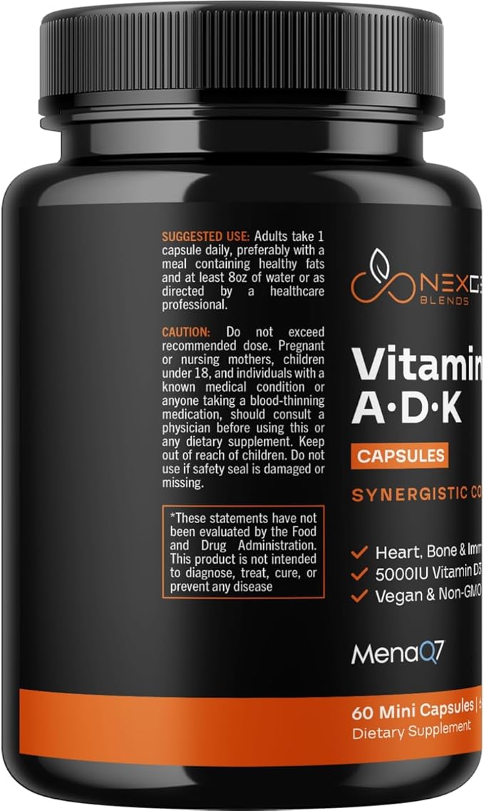 High Absorption ADK Vitamin Supplement - Vegan Vitamin D3 K2 MK7 & A for Calcium Regulation plus Bone Heart Thyroid & Immune Support - Vitamin ADK with 5000IU D3 Non GMO & Gluten Free (2 Months)
