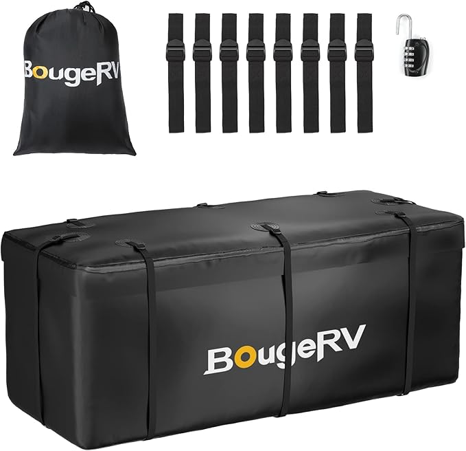 BougeRV Hitch Cargo Carrier Bag with Lock Waterproof Soft Shell 20 Cubic Feet (59" 24" 24") Cargo Bag for Hitch Carrier Include 8 Reinforced Straps for Truck Pickup RV All SUV with Hitch Cargo Basket