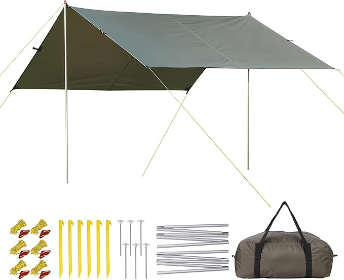 Camping Tarp, 13X9FT Hammock Tent - Waterproof and Anti-UV Protection, Portable and Lightweight, Including Tent Stakes and Carry Bag