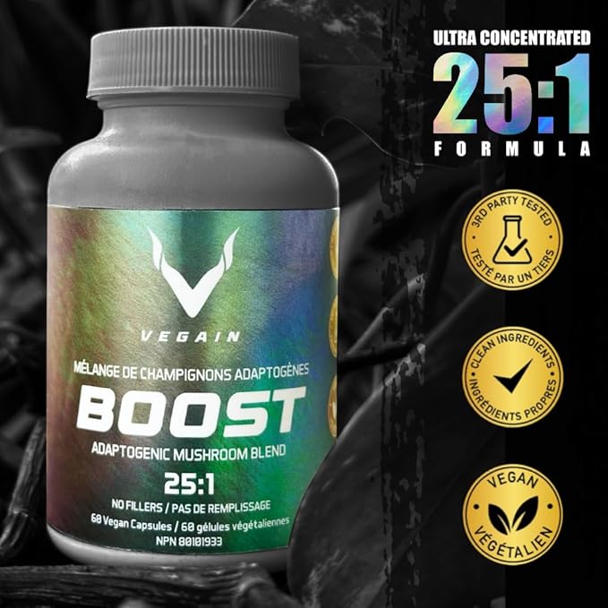 Boost Adaptogenic Mushroom Blend | 60 Servings, High Potency 25:1 Extract | Maitake, Shiitake, Reishi, Cordyceps, Lion's Mane - Supports Stress Reduction, Enhanced Endurance & Energy - 60 Vegan Caps