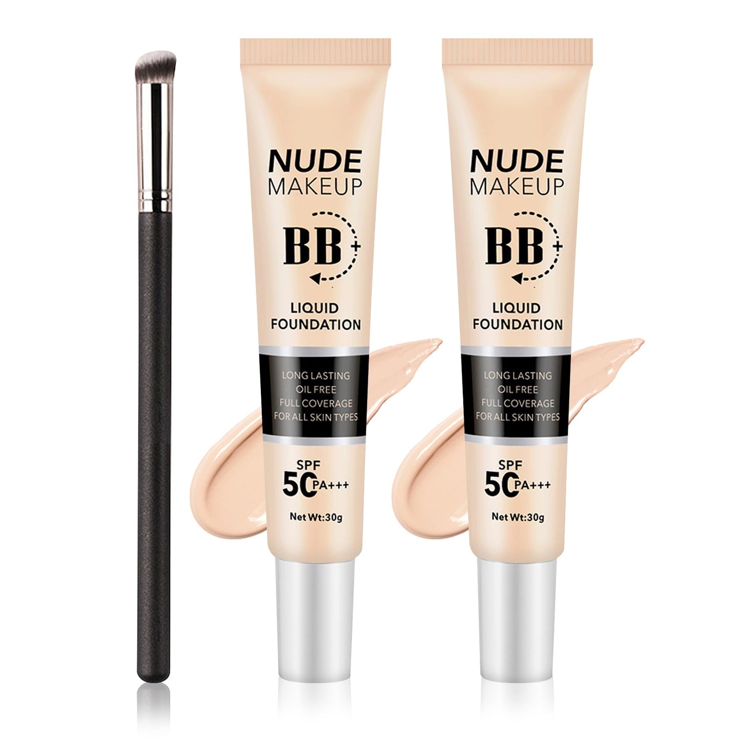 2PCS Full Coverage Concealer Foundation Set,Moisturizing BB Cream,Long Lasting Hydrating Lightweight CC Cream with Makeup Brush,Oil Control Face Moisturizer SPF 50 PA++++ Sunscreen(C)