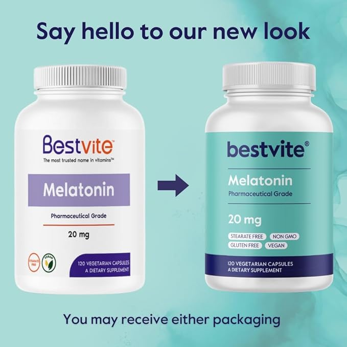 BESTVITE Melatonin 20 mg - 120 Veg Caps - No Stearates - No Sucralose, No Dextrose, No Silicon Dioxide, No Mannitol - Vegan - Non-GMO - Gluten-Free