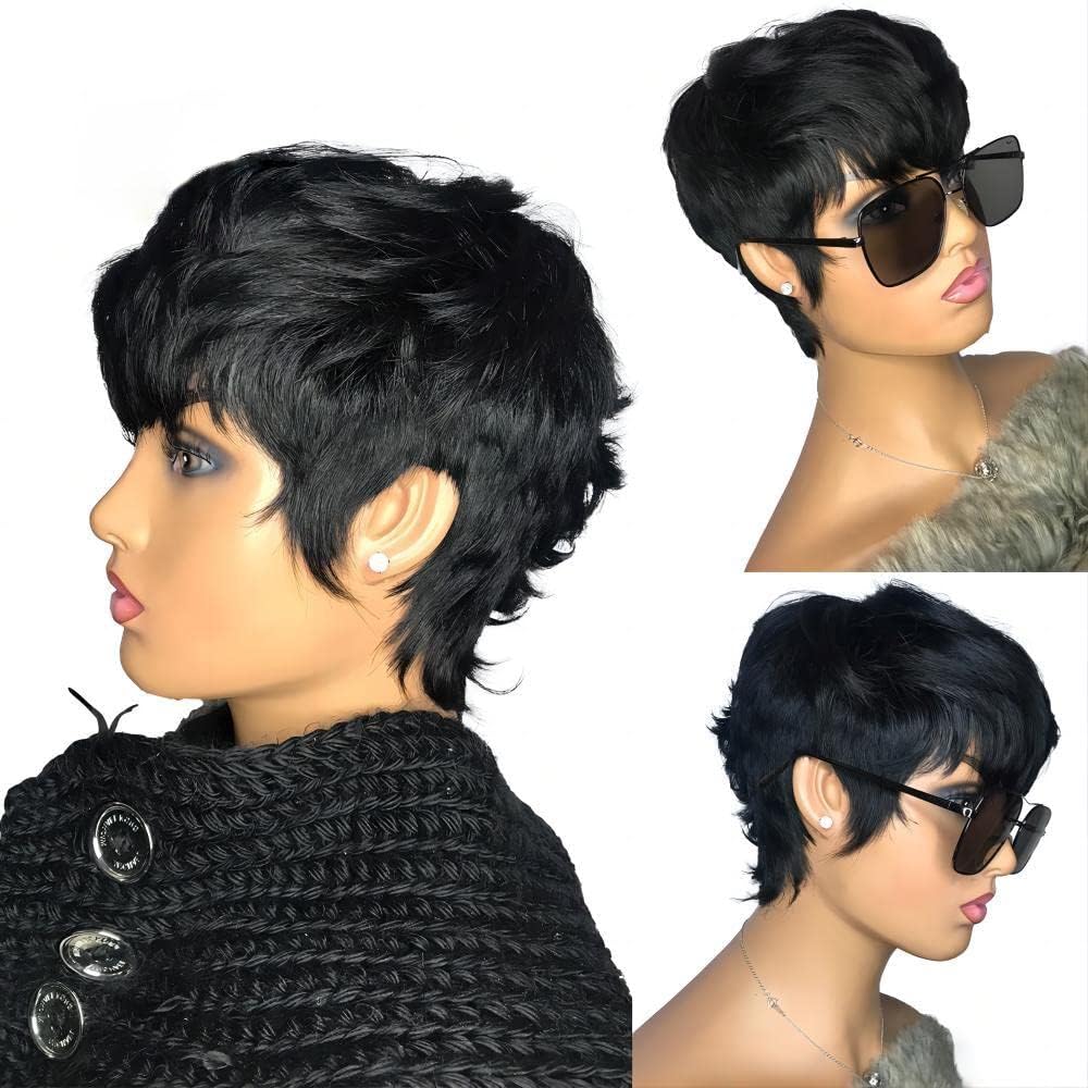 RICONEY Short Bob Wigs for Black Women Human Hair Pixie Cut Wig with Bangs Glueless Short Pixie Wig Layered None Lace Front Wig Full Machine Made 1B Color