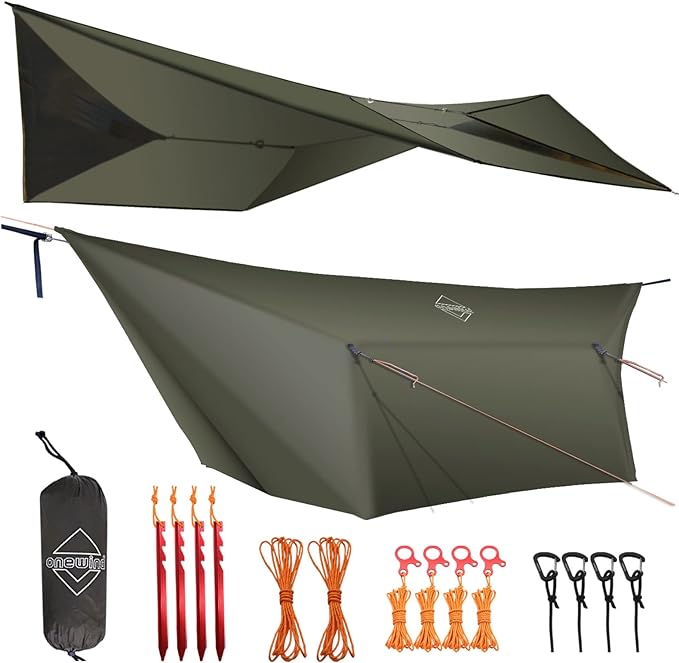onewind 12ft Hammock Tarp, Ultralight Tarp Silnylon Hammock Rain Fly Lightweight Waterproof Camping Tent Tarp with Doors, Easy to Setup with Stuff Sack, Tent Stakes, OD Green
