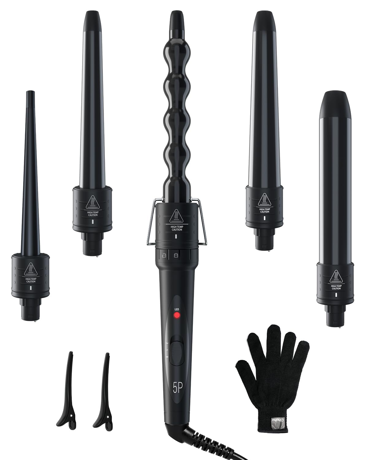 5 in 1 Curling Wand Set: Ohuhu Curling Iron Wand 5Pcs 0.35 to 1.25 Inch Interchangeable Ceramic Barrel Heat Protective Glove 2 Clips Dual Voltage Hair Curler for Girls Women Mother's Day Gift Black