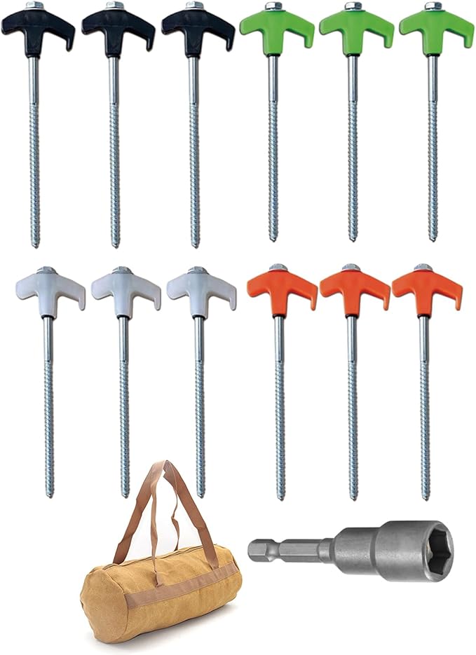 8" Screw in Tent Stakes - Ground Anchors Screw in, Screw in Tent Stakes Heavy Duty, Tent Pegs Camping Stakes, Metal Threaded Tent Spikes, Screw Tent Stakes with Hex Sleeves (12Pcs+Bag Mix Color)