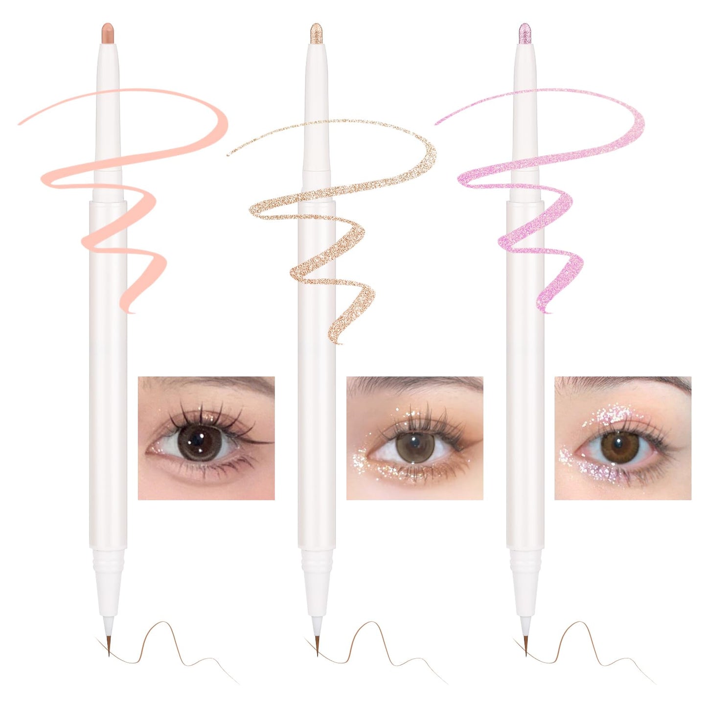 3PC Dual Ended Highlighter Makeup Pen, Glitter & Matte Nude EyeLiner & Eyeshadow, Contour liquid Liner 2 in 1 Eye Brightener Stick, Mulit-Funtional Long Lasting Lying Silkworm Pencil ( #01, #03, #04 )