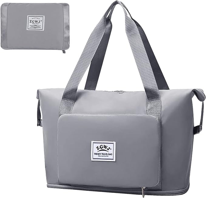 Expandable Travel Duffel Tote Bag - Foldable Overnight Weekender, Carry-On, Swim & Gym Bag - Fits Spirit Airlines Personal Item Size - Lightweight, Waterproof & Durable with Trolley Sleeve,Grey