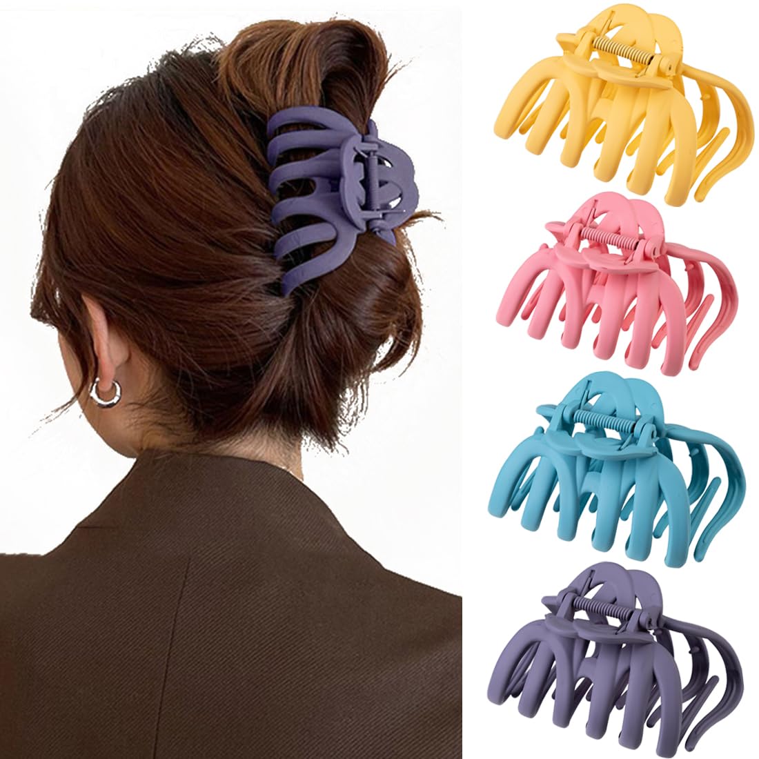 4 Pcs Octopus Claw Clips Matte Hair Clips Octopus Hair Claw Clips for Women 3.8" Large Hair Claw Clip for Women Strong Grip Non-slip Jaw Clip for Thick,Multiple Colors