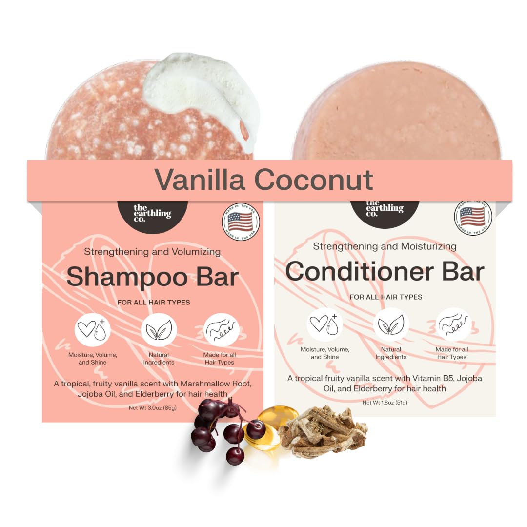 The Earthling Co. Shampoo & Conditioner Bar Set - Promote Hair Growth, Strengthen & Volumize All Hair Types - Paraben & Sulfate Free Formula with Natural Ingredients for Dry Hair (Vanilla Coconut)