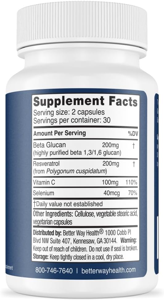 Better Way Health™ - Advanced Immune Readiness - Highly Purified 1,3/1,6 Beta Glucan + Vitamin C, Resveratrol, and Selenium - 60 Capsules (Pack of 1)