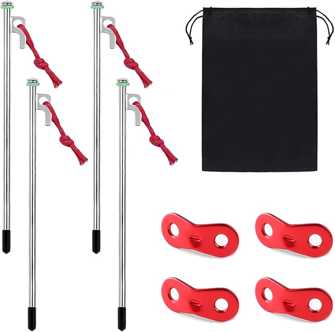 4 Pcak Tent Stakes, Heavy Carbon Steel Metal Tent Pegs with Reflective Pull Ropes, Fluorescent Rubber ring, Protective case and 4 Alloy Wind Rope Buckle for Camping Tents and Hammocks