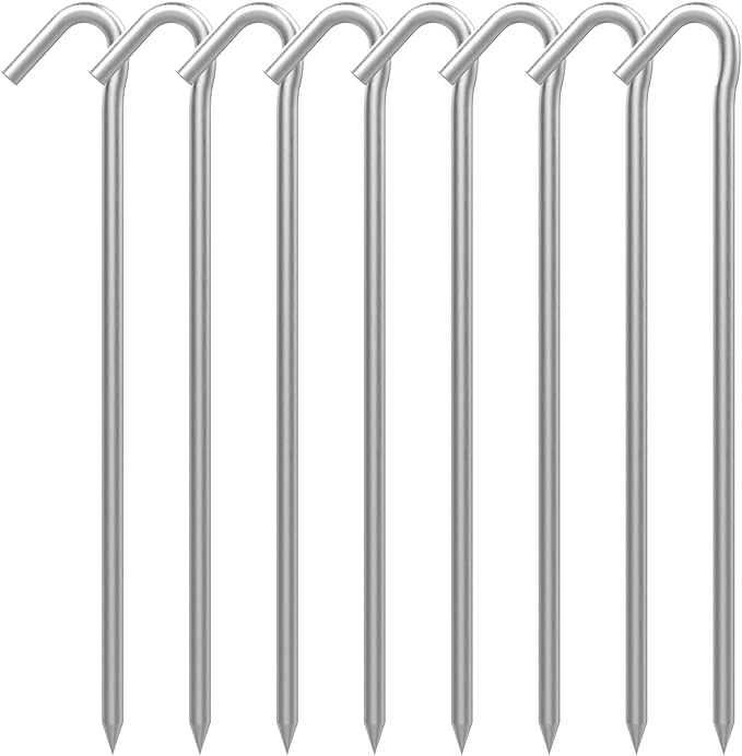 AAGUT 8 Pack Metal Camping Tent Stakes 9 Inch Yard Stakes for Inflatables Heavy Duty Tent Pegs Steel Hooked Ground Stakes for Outdoor Christmas Decorations, Garden Edging Tarp Stakes for Ground