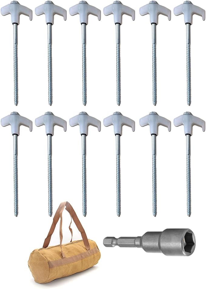 8" Screw in Tent Stakes - Ground Anchors Screw in, Screw in Tent Stakes Heavy Duty, Tent Pegs Camping Stakes, Metal Threaded Tent Spikes, Screw Tent Stakes with Hex Sleeves (12Pcs+Bag White)