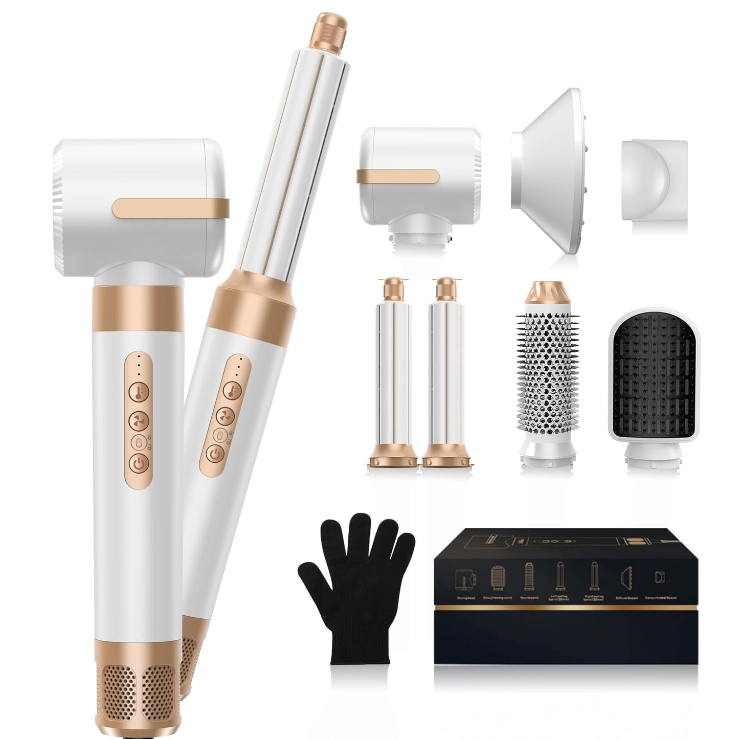 UKLISS Hair Dryer Brush 7 in 1,110000 RPM Hot Air Brush Hair Styler for Curly Straight & Twisted Hair Professional Ionic Brush Blow Dryer for Salon-Quality Styling, White Gold