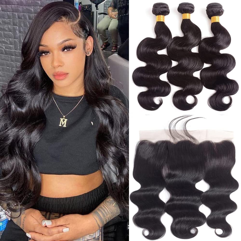 Body Wave Frontal With Bundles 16 18 20+14In Body Wave Human Hair Bundles With 13X4 Lace Frontal Body Wave Hair 3 Bundles Human