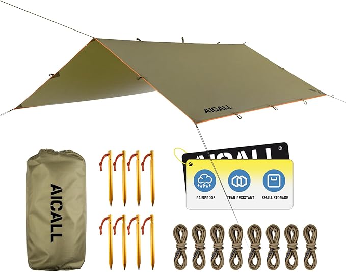 Camping Tarp Waterproof 3m x 3.2m Large Tent Tarp Portable Tarpaulin Anti-UV Shelter Sun Block Sunshade Awning for Camping Hiking Traveling Outdoor Sports (Olive)