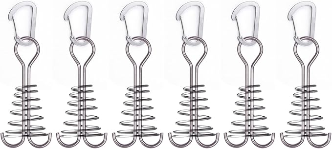 TRIWONDER 6pcs Deck Plank Board Tent Stakes Aluminum Spring Anchor Fishbone Guyline Cord Adjuster Tent Pegs with Carabiners for Outdoor Camping Hiking