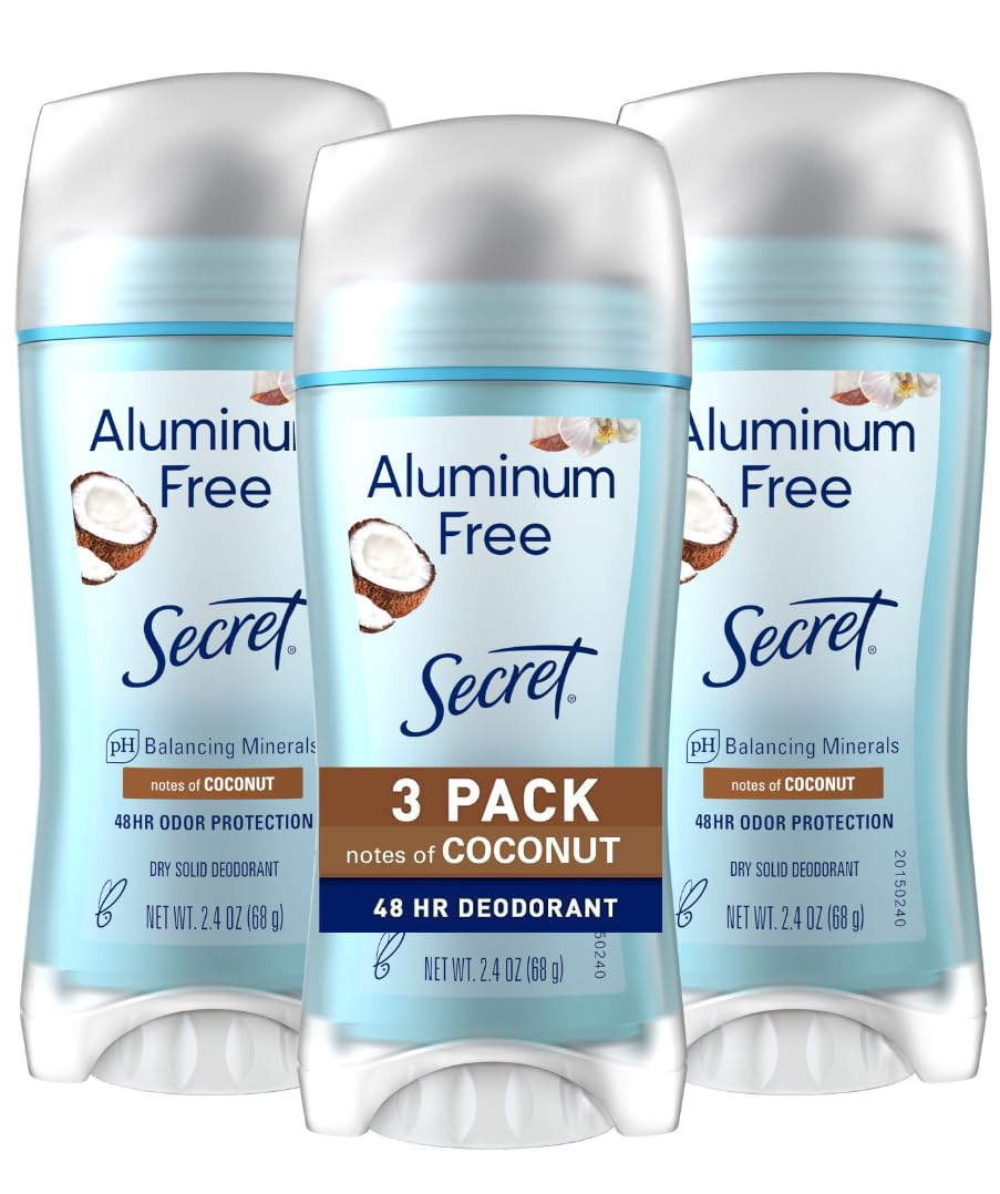 Secret Aluminum Free Deodorant for Women, 48hr Odor Protection, Free of Parabens Dyes Talc & Baking Soda, PH Balancing Minerals, Dry Solid, Coconut Scent, 2.4 oz (Pack Of 3)