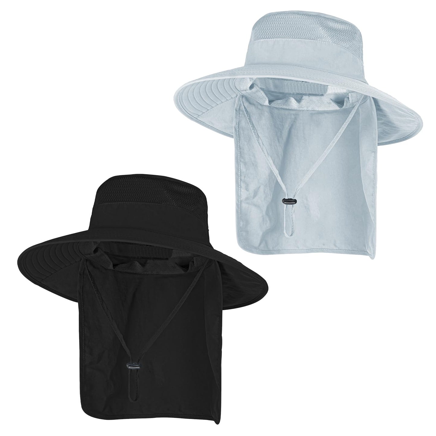 2Pack Sun Hats for Men Women Fishing Hat UPF 50+ Breathable Wide Brim Bucket Hats Summer UV Protection Safari Hat with Neck Flap Black/Light Grey
