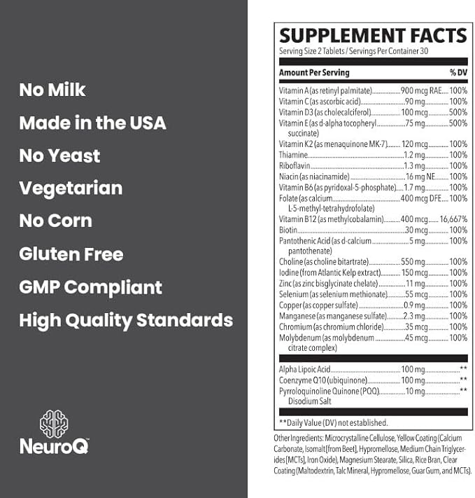 LifeSeasons NeuroQ Daily Essentials Multivitamin - Fortified Mental Performance & Overall Wellness - Improve Memory & Focus - B-Complex, Vitamin D, Folate, CoQ10, Pantothenic Acid & More - 60 Capsules