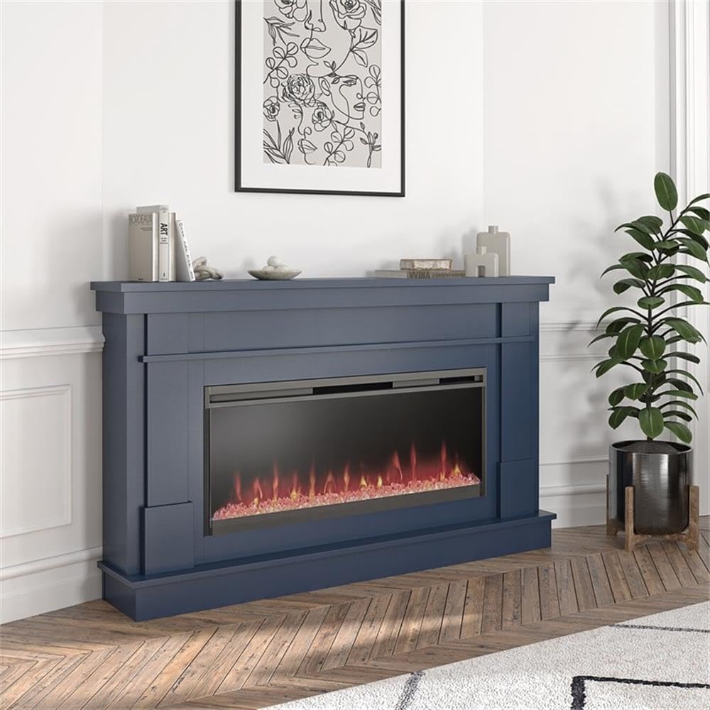 Novogratz Waverly 64 Inch Electric Fireplace with Mantel, Replaceable Fireplace Insert Heater, Remote Control, Timer, Color Changing Crystal Ember Flames, for Living Room or Bedroom, Navy