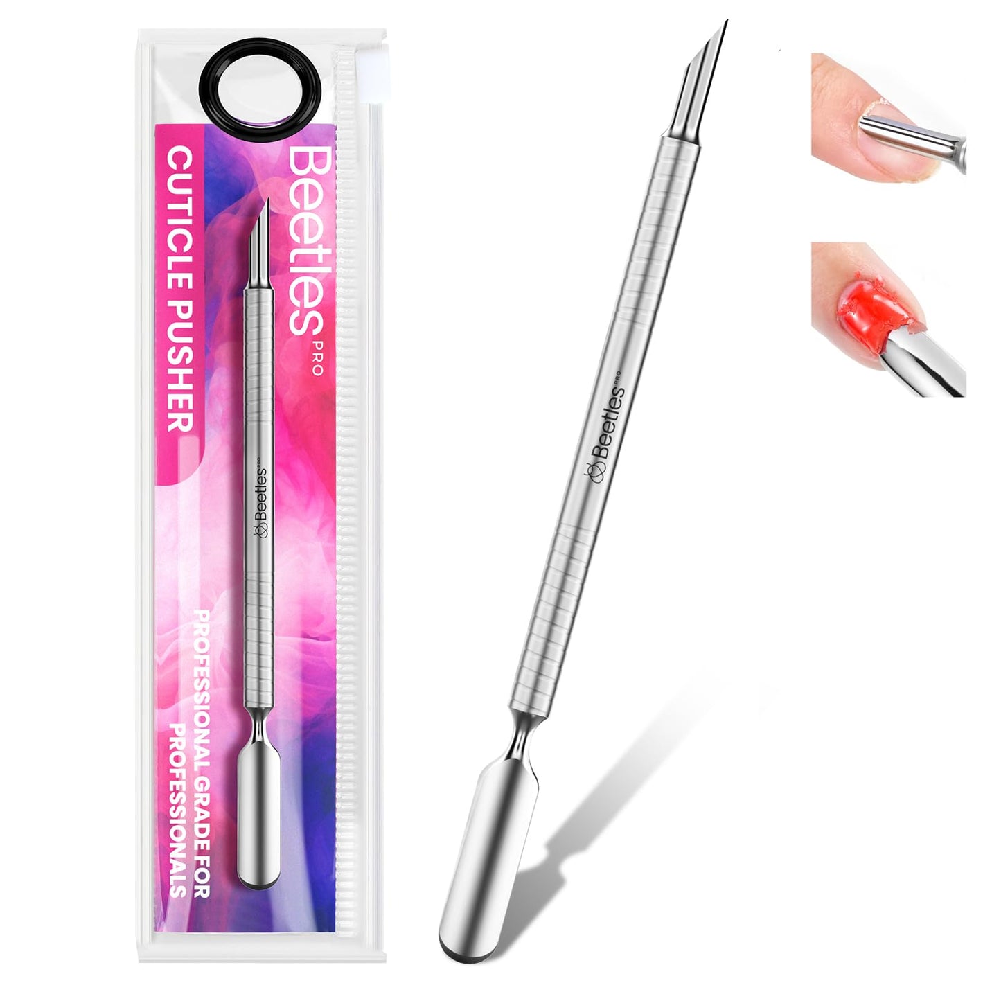 Beetles Pro Cuticle Pusher, Professional Stainless Steel Cuticle Remover Multi-Function Dual Ended Nail Pusher for Fingernail Toenail Nail-Care Salon Manicure Needs