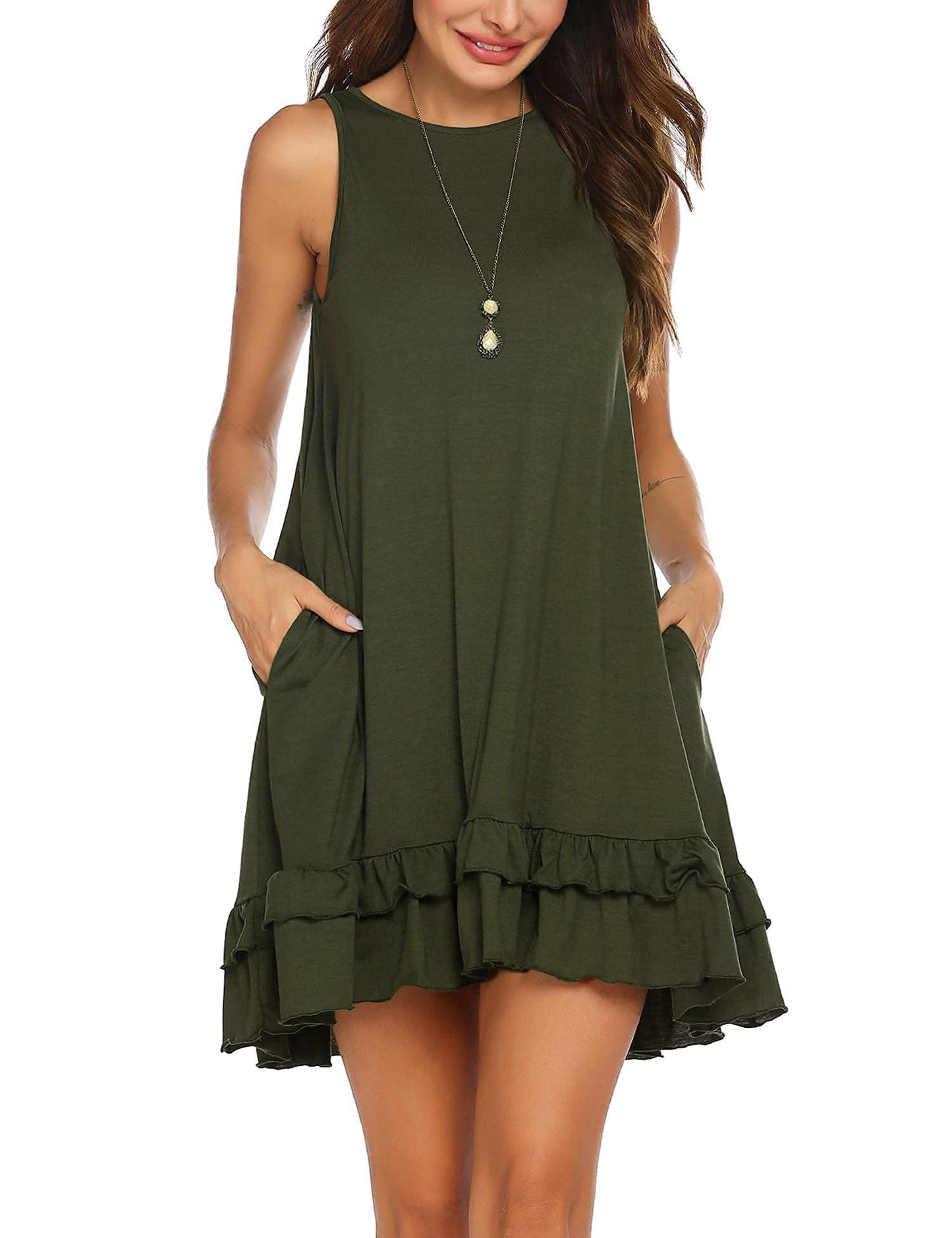 Beyove Women Tank Top Dress Swing Dress Round Neck Tank Top Swimwear Dresses Sleeveless Comfy Dress with Pocket (Army Green, M)