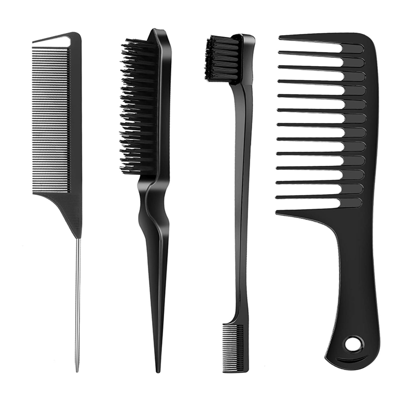 SWEET VIEW Hair Styling Set - 4 Brushes (Edge, Bristle, Rat Tail, Wide Tooth) for Slick Baby Hair and Flyaways - Black